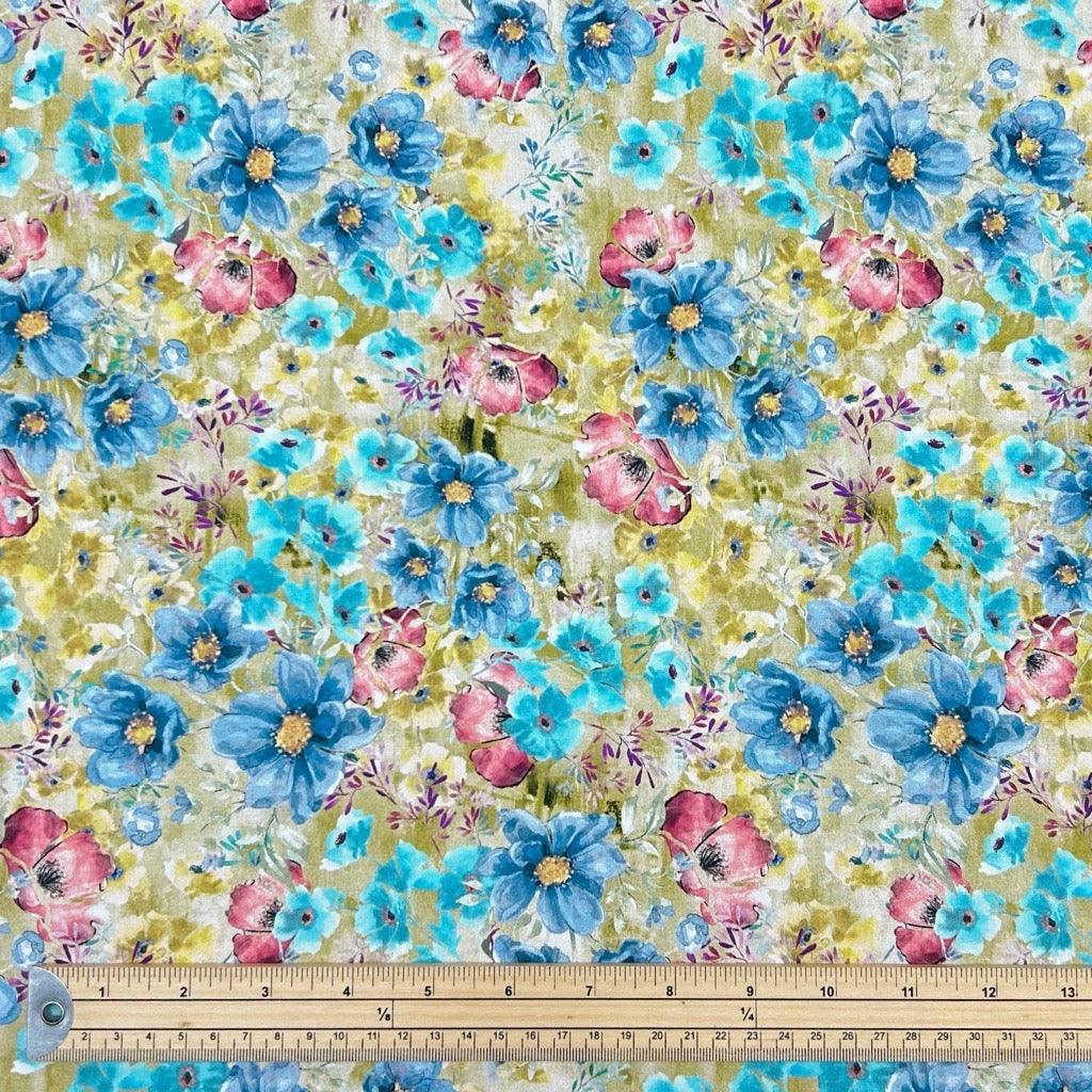 Blue and Pink Garden Viscose Challis Fabric - Pound Fabrics