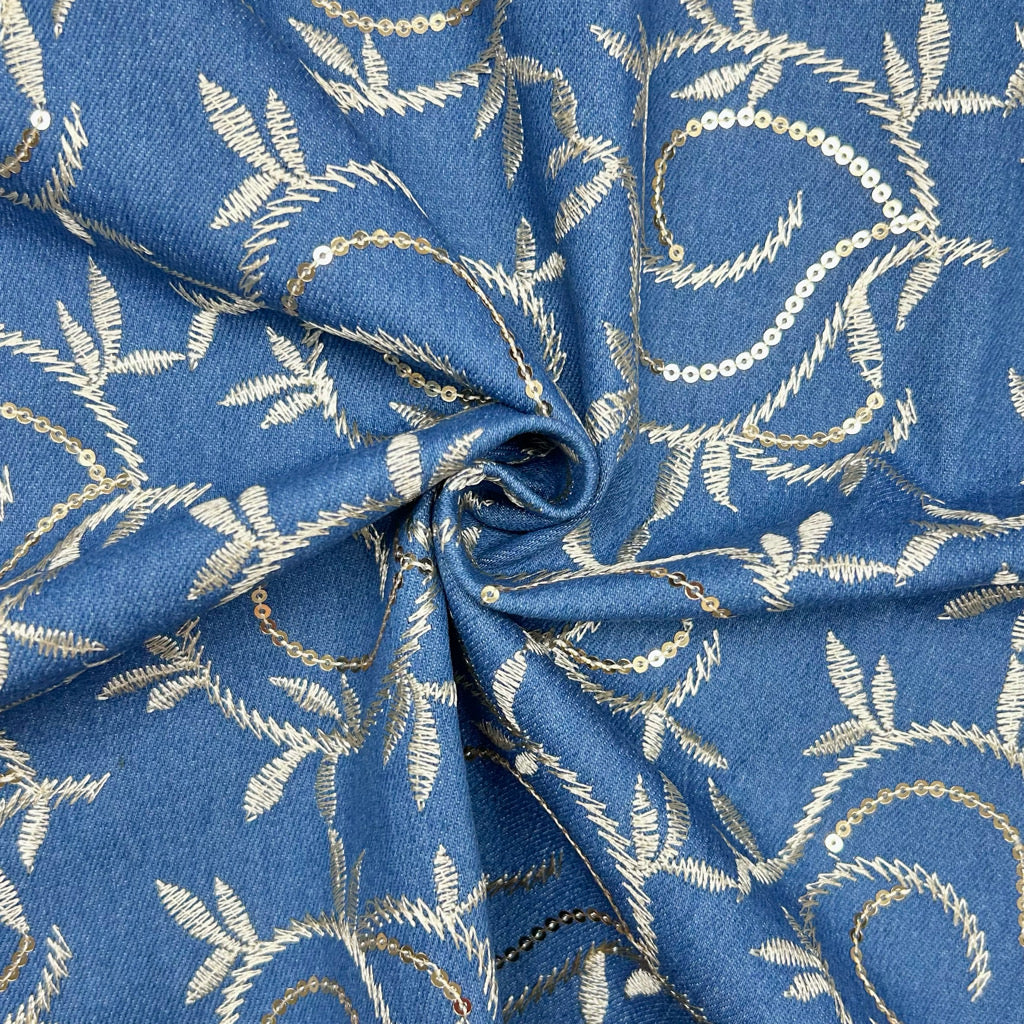 Paisley Embroidery Stretch Denim Fabric