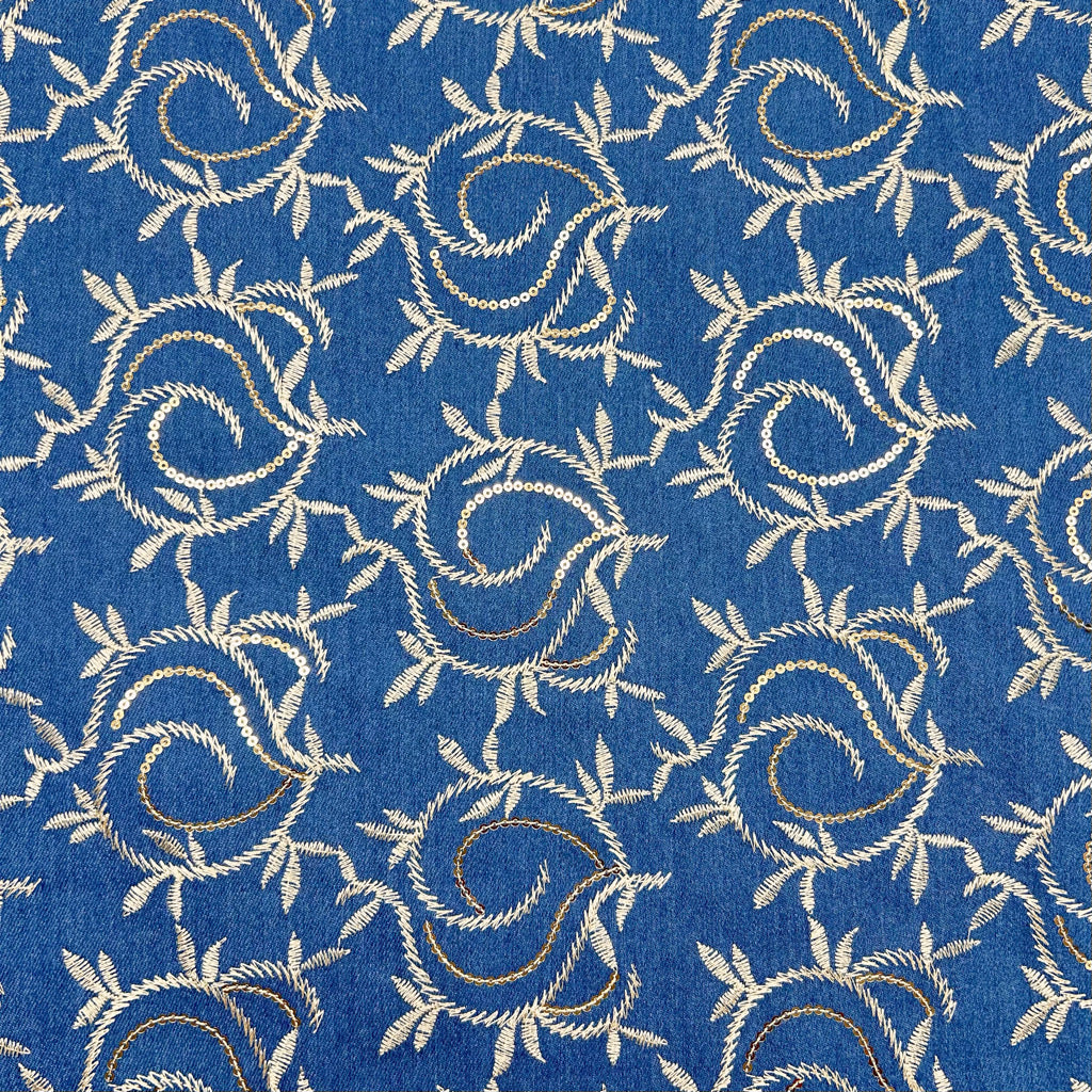 Paisley Embroidery Stretch Denim Fabric
