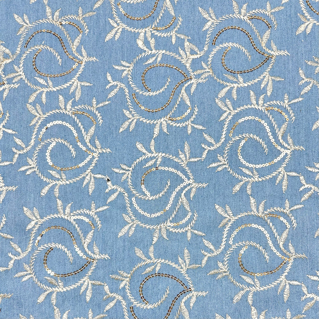 Paisley Embroidery Stretch Denim Fabric