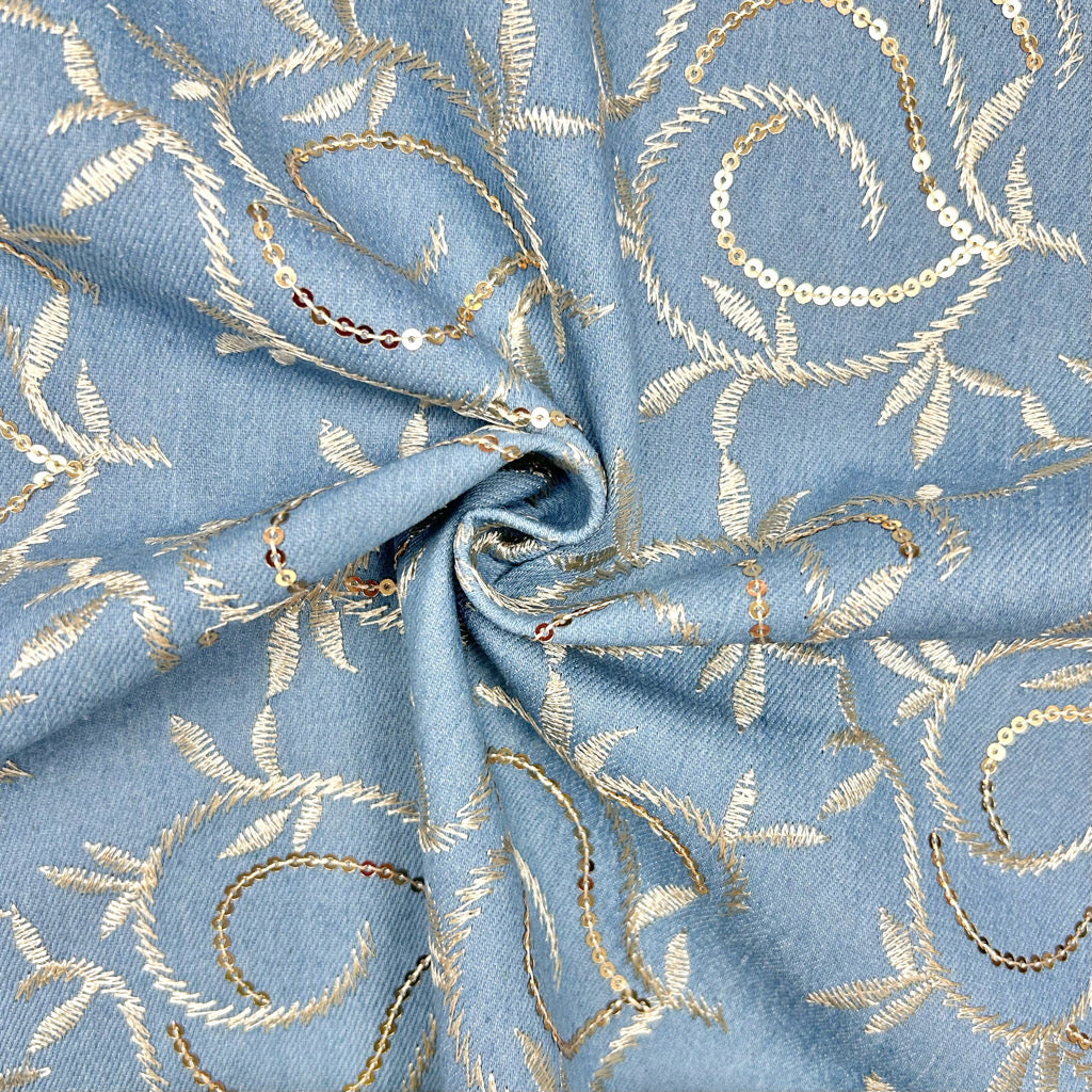 Paisley Embroidery Stretch Denim Fabric