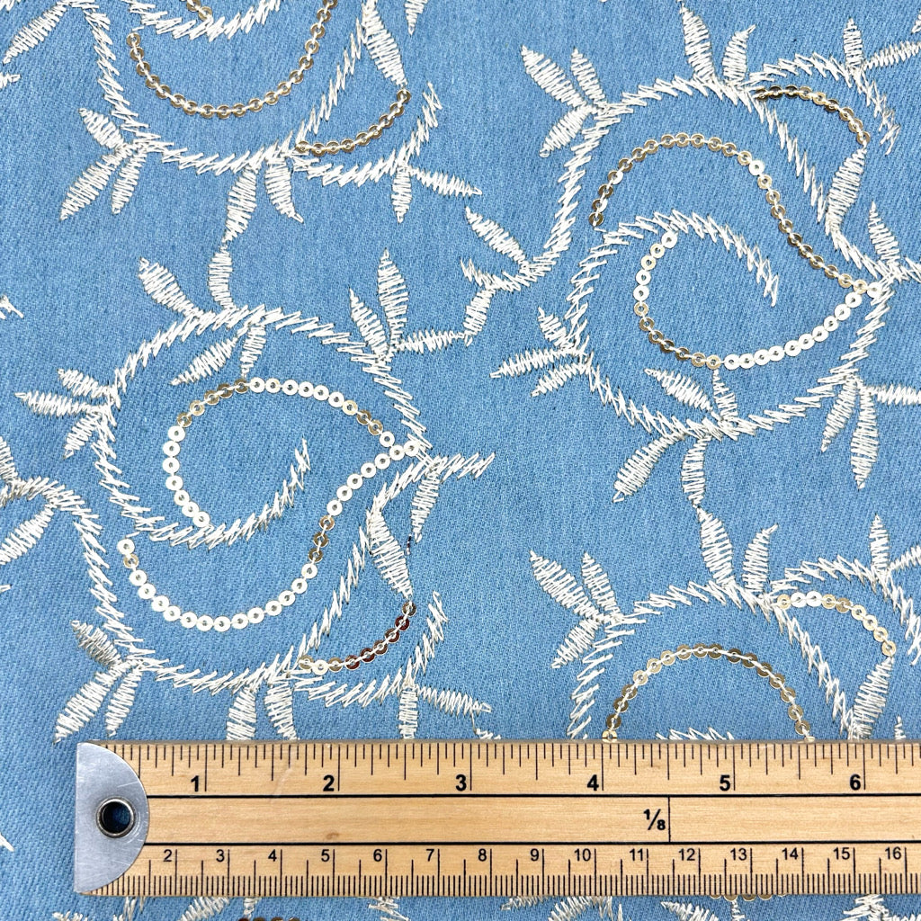 Paisley Embroidery Stretch Denim Fabric