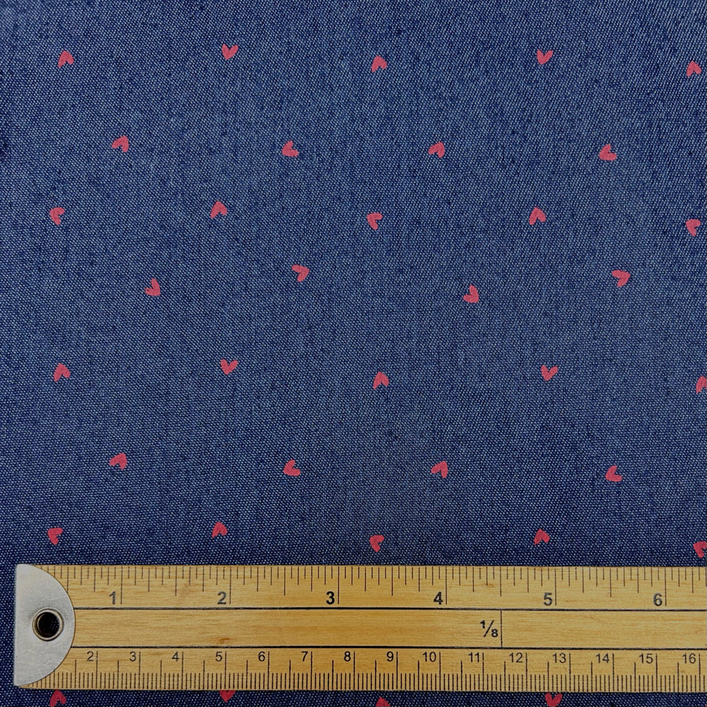 Tiny Red Hearts Stretch Denim Fabric