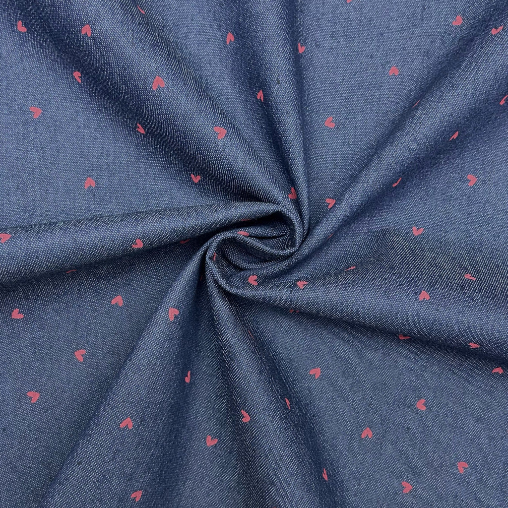 Tiny Red Hearts Stretch Denim Fabric