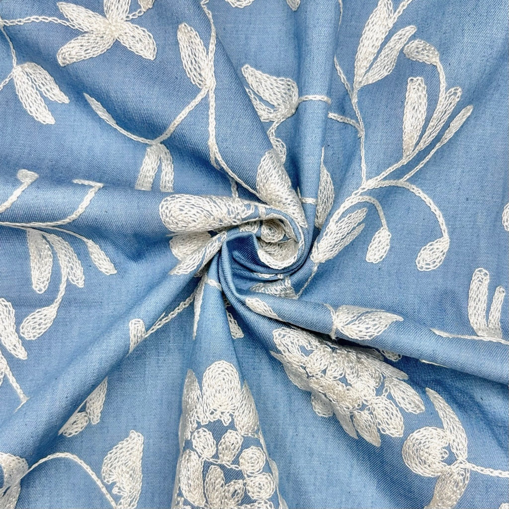 Trailing Blooms Embroidered Denim Fabric