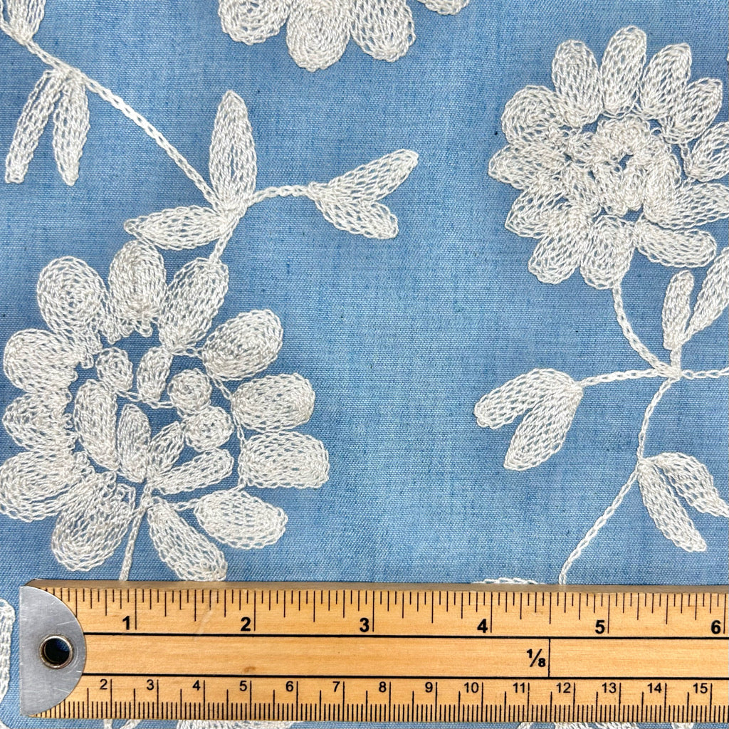 Trailing Blooms Embroidered Denim Fabric