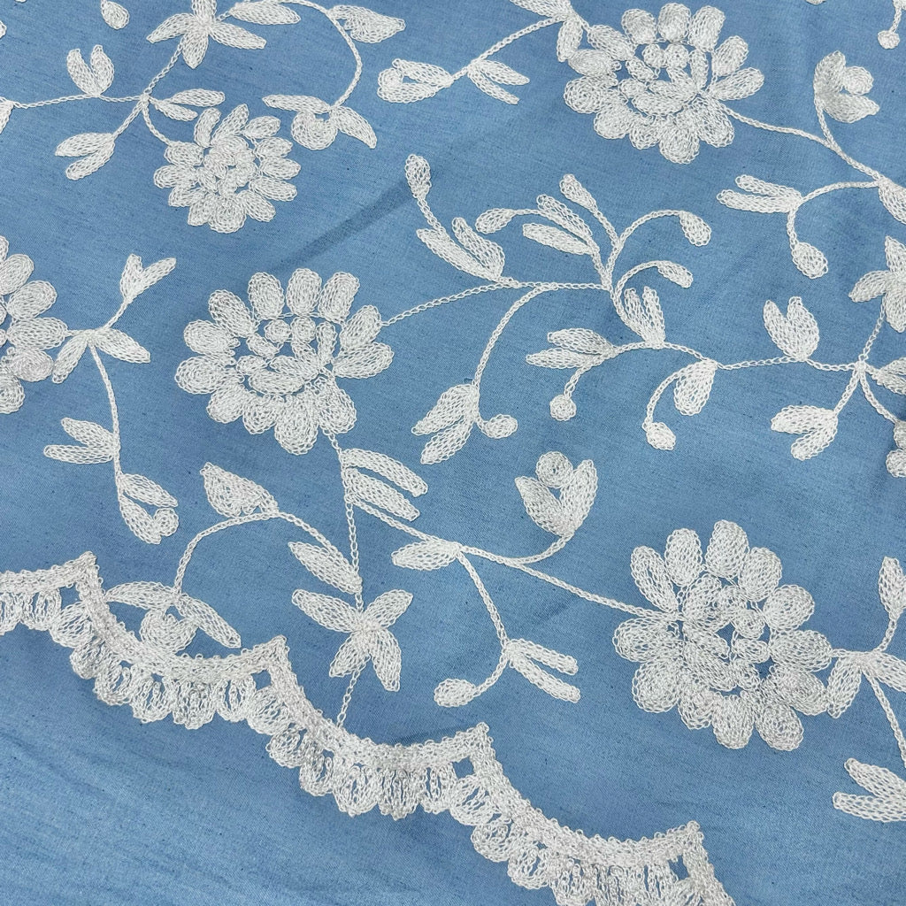 Trailing Blooms Embroidered Denim Fabric