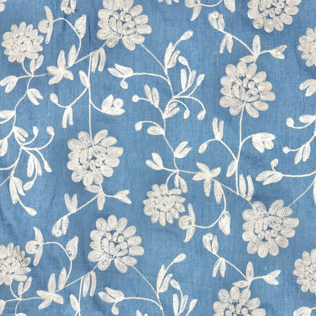 Trailing Blooms Embroidered Denim Fabric