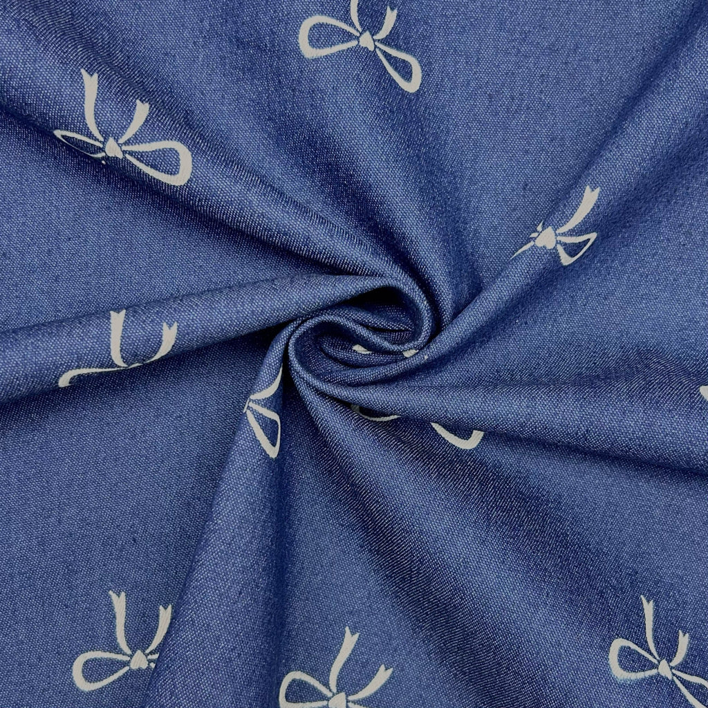White Bows Stretch Denim Fabric
