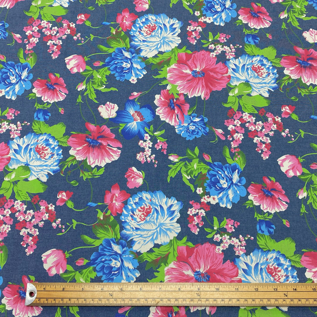 Large Pink &amp; Blue Floral Chambray Denim Fabric