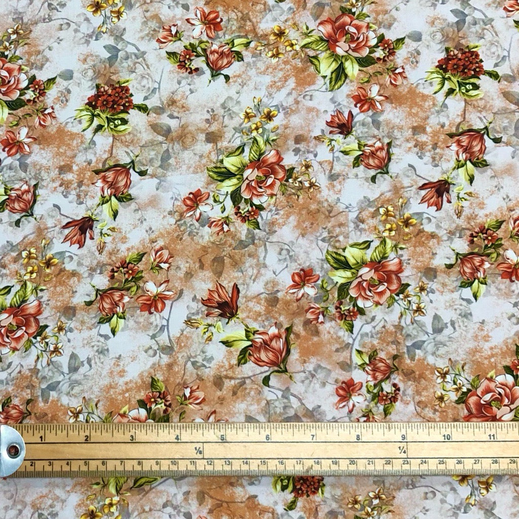 Digital Floral on Warm Beige and White Viscose Fabric