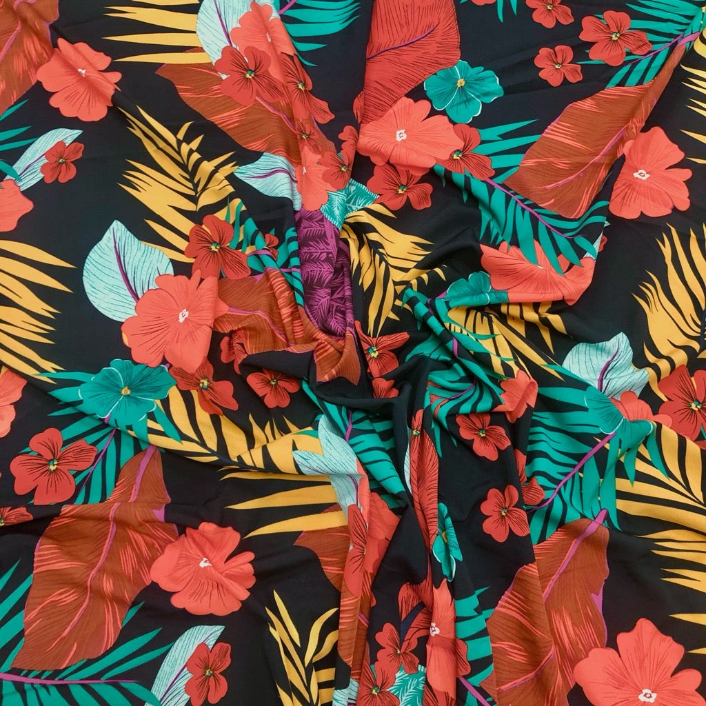 Large Tropical Flowers and Leaves Crepe Fabric