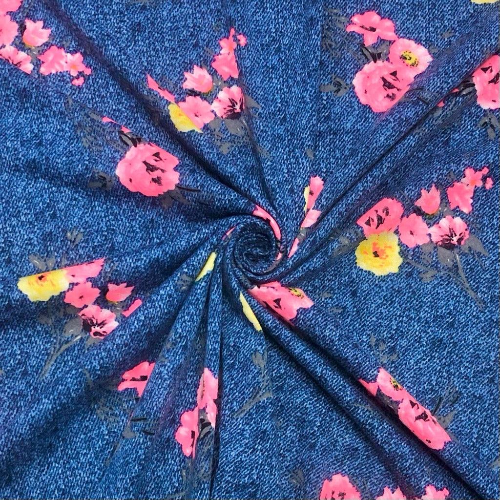 Pink & Yellow Flowers on Blue Jersey Fabric - Pound Fabrics