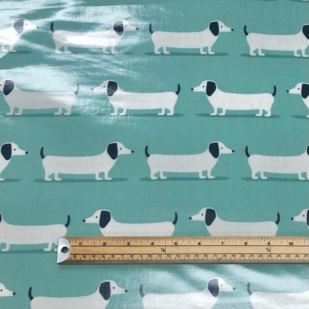 White Dogs on Duckegg PVC Coated Cotton Fabric - Pound Fabrics