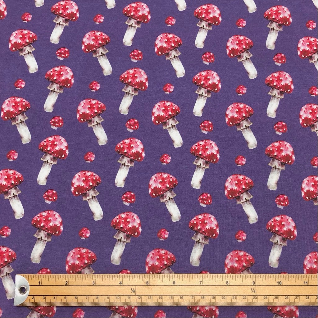 Mushrooms on Purple Digital French Terry Fabric
