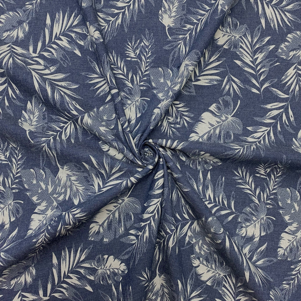 Tropical Leaves Chambray Denim Fabric