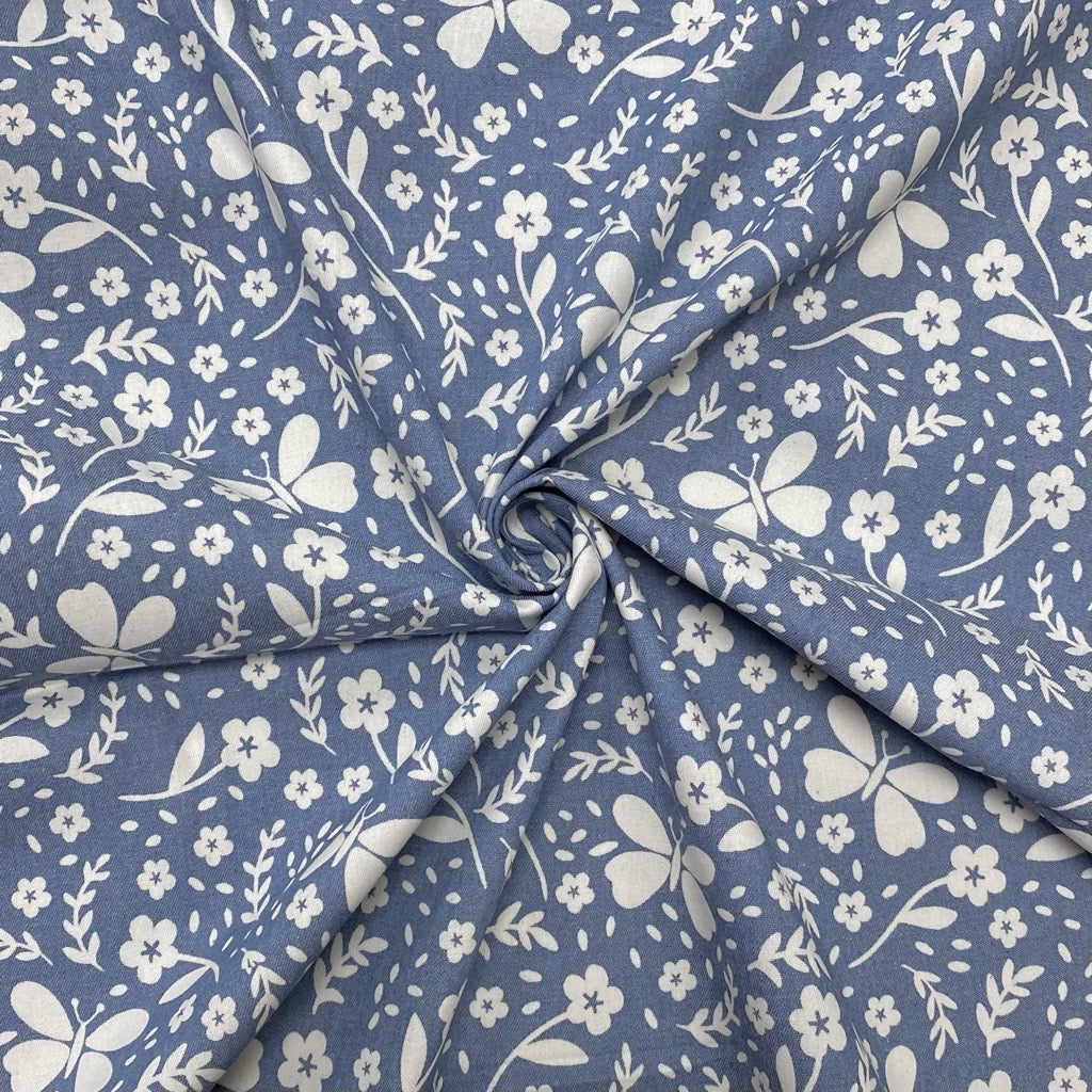 Floral Butterfly Chambray Denim Fabric