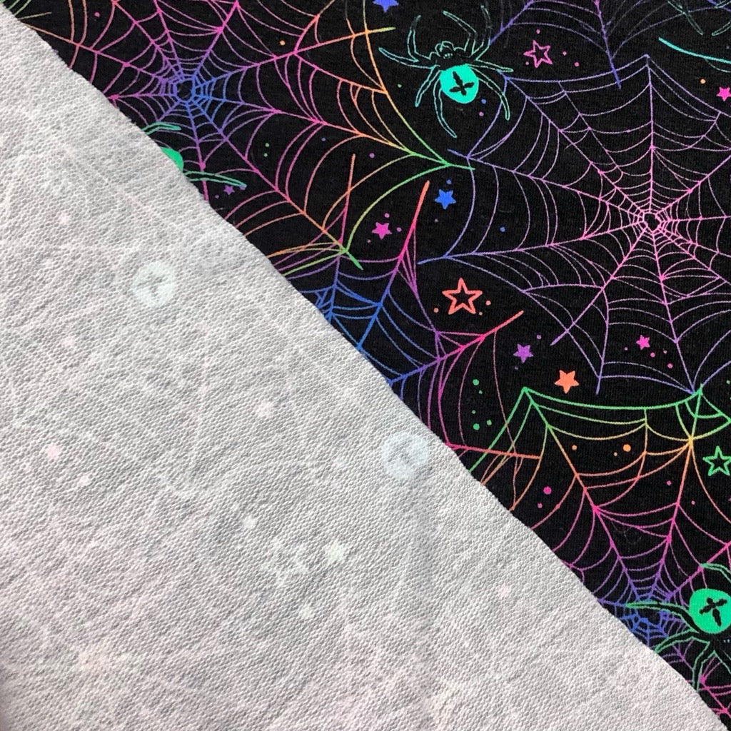 Multicoloured Spider Webs on Black French Terry Fabric