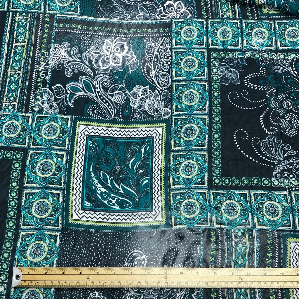 Teal Floral Tiles Chiffon Fabric - Pound Fabrics