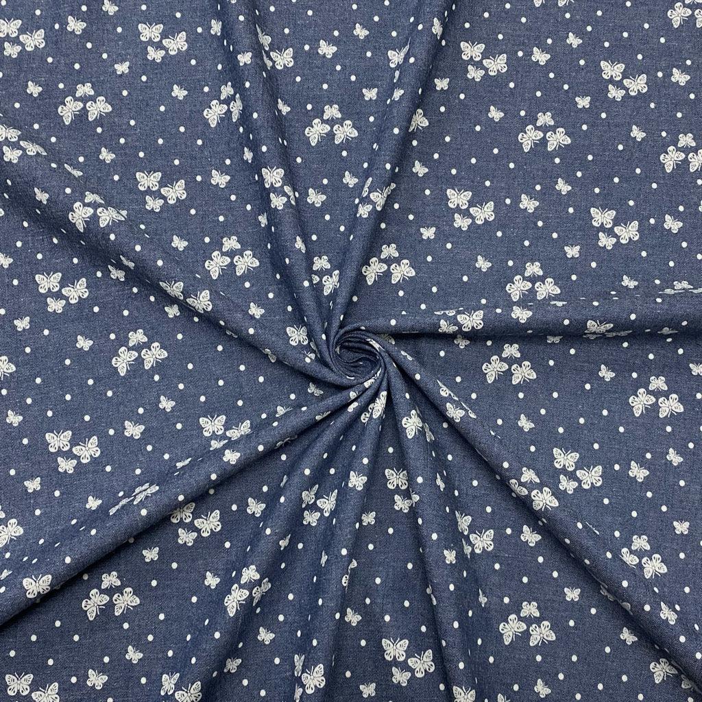 Mini Butterflies and Dots Chambray Denim Fabric - Pound Fabrics