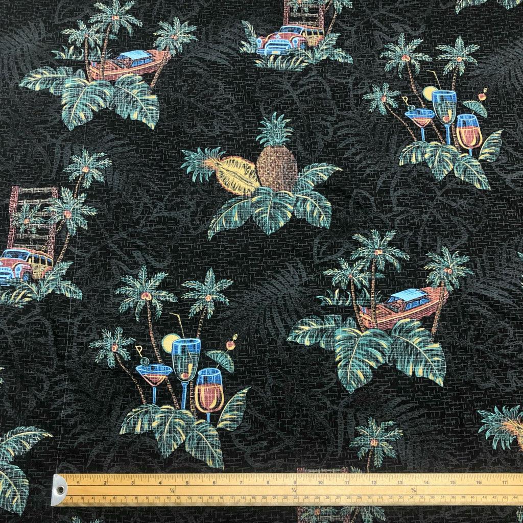 Vacation Vibes on Black Viscose Challis Fabric - Seconds - Pound Fabrics