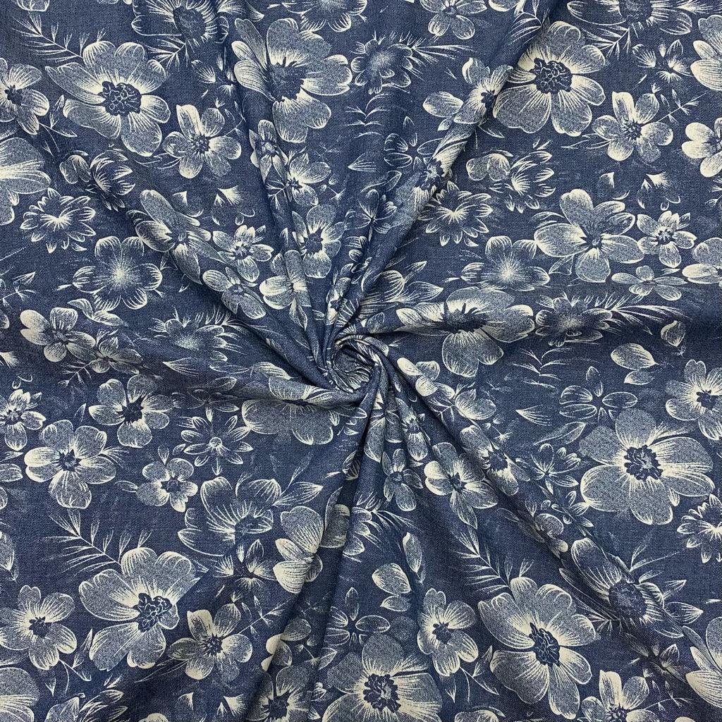 Large and Small Floral Chambray Denim Fabric - Pound Fabrics