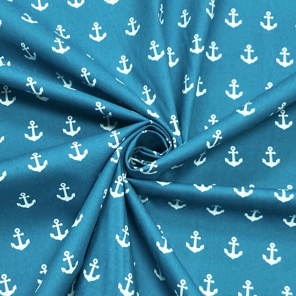 Anchors on Blue Cotton Poplin Fabric - Pound Fabrics