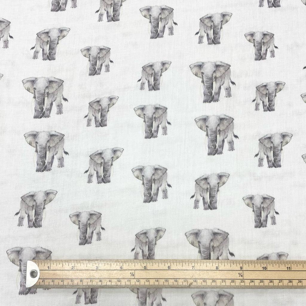 Elephants on White Flat Double Gauze Fabric - Pound Fabrics