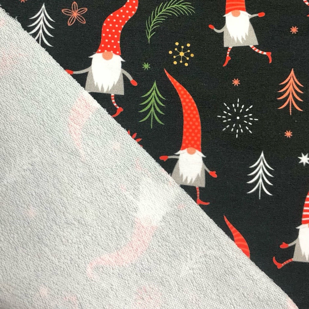 Christmas Gnomes on Black French Terry Fabric