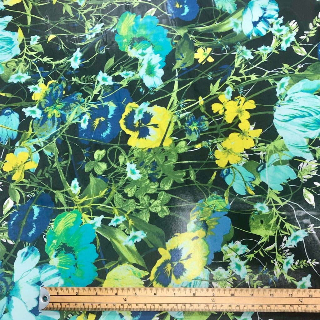 Blue and Yellow Floral on Midnight Double Border Chiffon Fabric