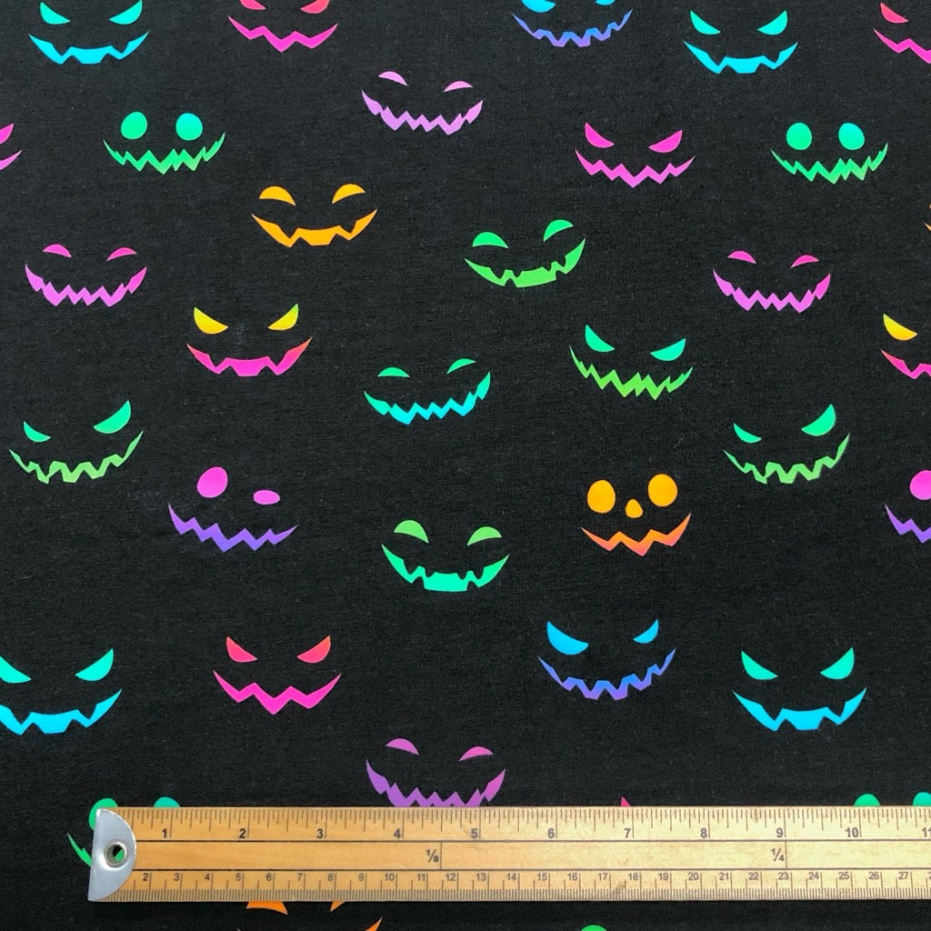 Colourful Halloween Faces on Black French Terry Fabric