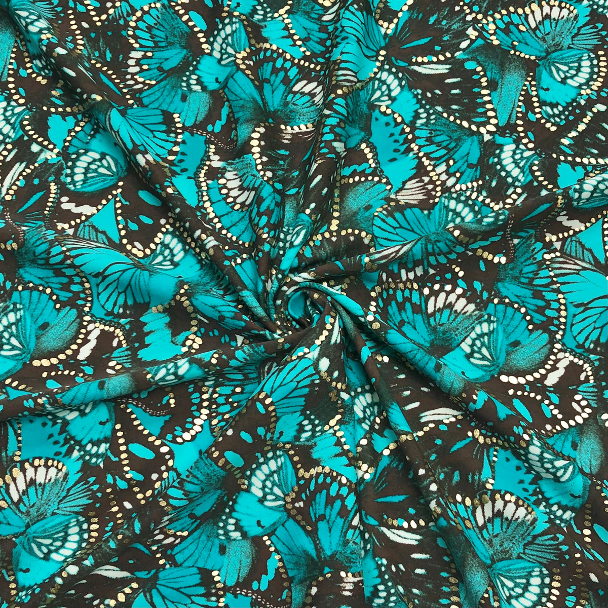 Foil Turquoise and Brown Butterflies Lycra Spandex Fabric - Pound Fabrics