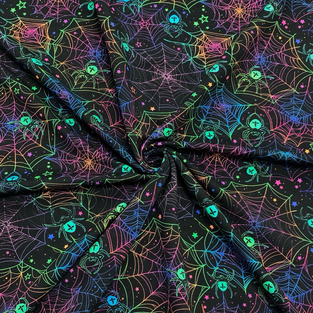 Multicoloured Spider Webs on Black French Terry Fabric
