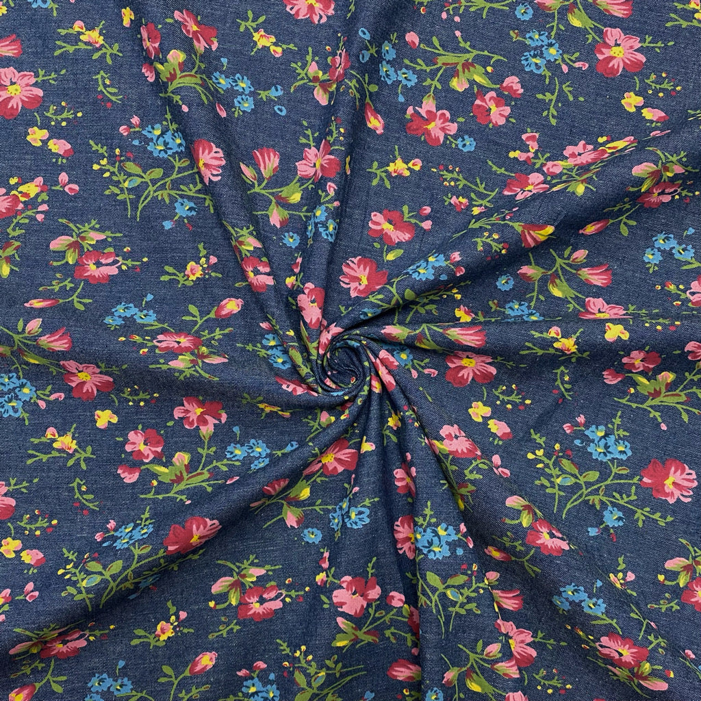 Colourful Flowers Chambray Denim Fabric