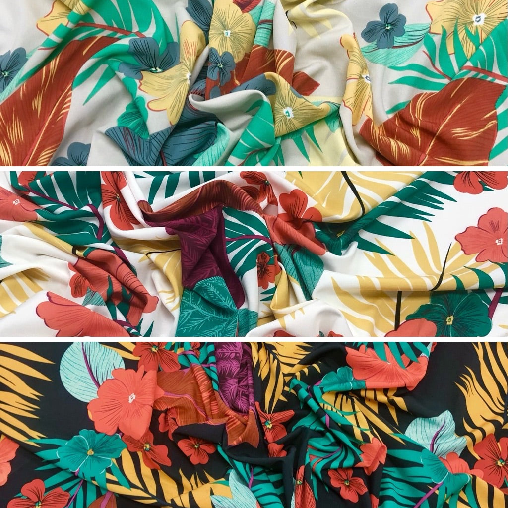 Large Tropical Flowers and Leaves Crepe Fabric