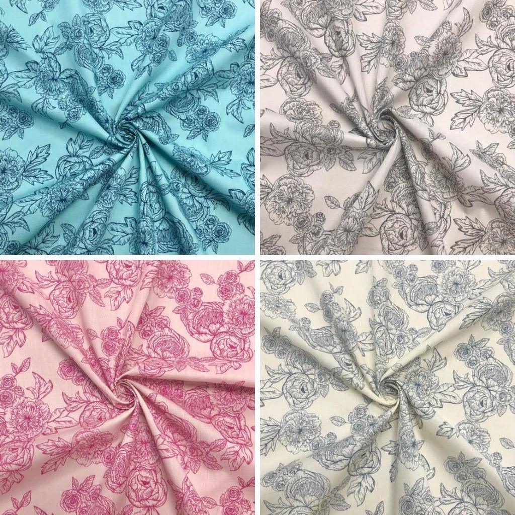 Roses and Peonies Polycotton Fabric - Pound Fabrics