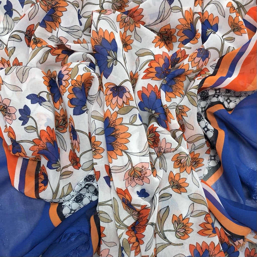 Orange and Blue Floral Double Border Chiffon Fabric