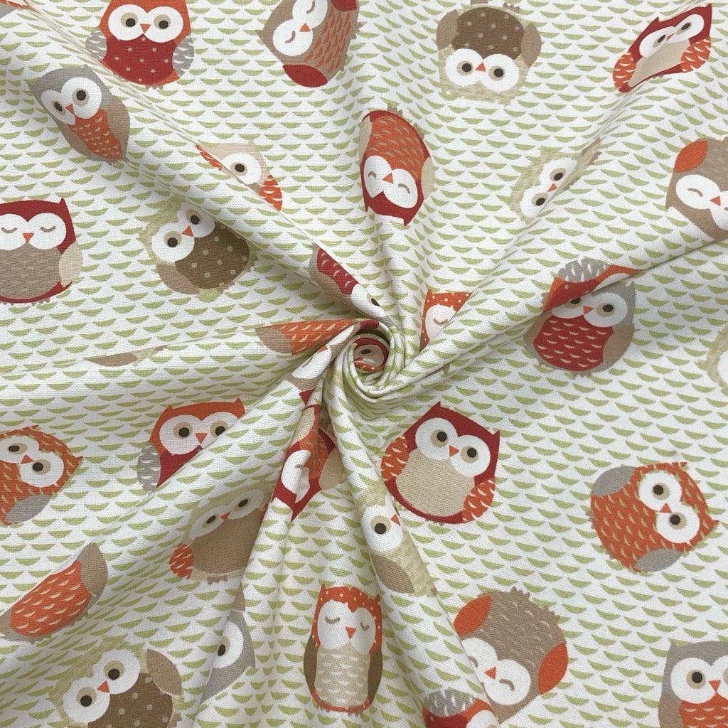 Owls on Green & Ivory Cotton Canvas Fabric - Pound Fabrics