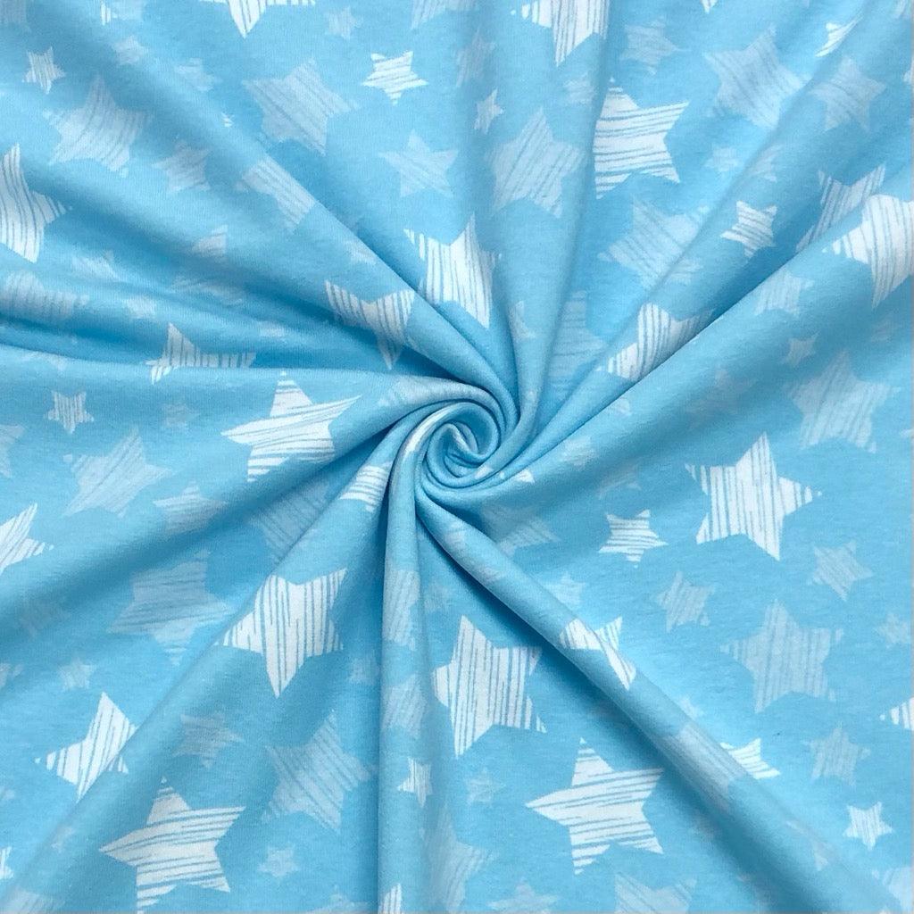 White & Grey Stars on Blue Cotton Jersey Fabric - Pound Fabrics
