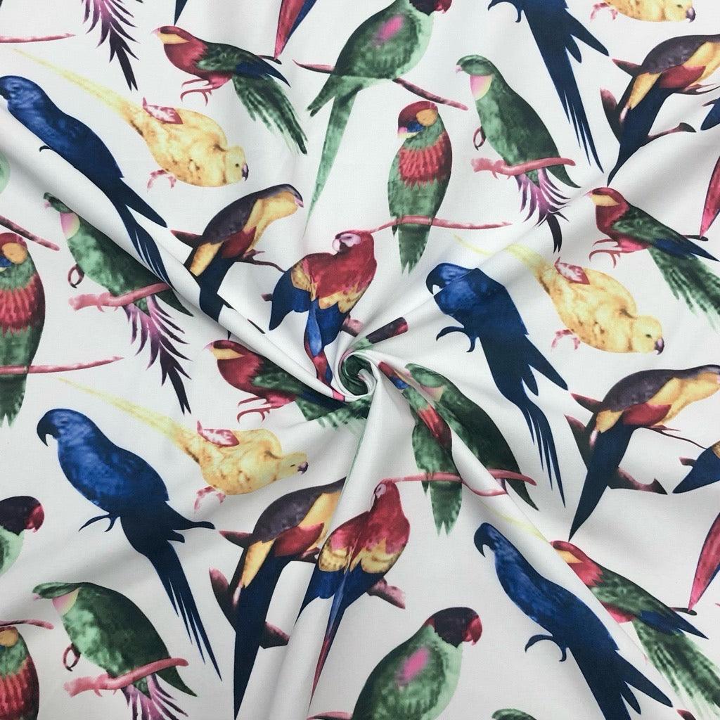 Parrots on White Cotton-Touch Polyester Fabric - Pound Fabrics