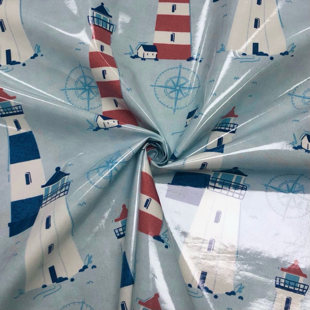 Lighthouses on Light Blue PVC Coated Cotton Fabric