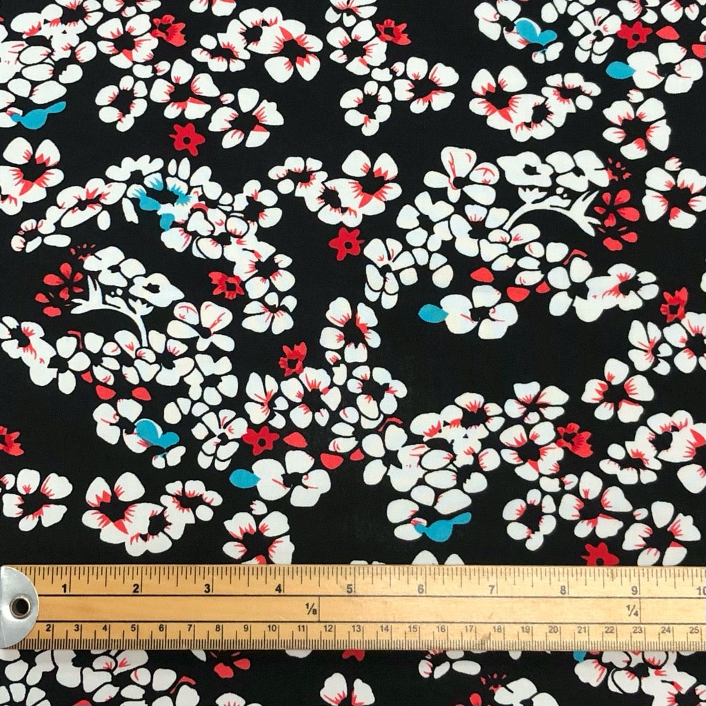 White, Red and Blue Flowers on Black Viscose Fabric