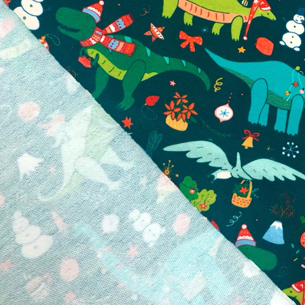Christmas Dinosaurs on Dark Teal French Terry Fabric
