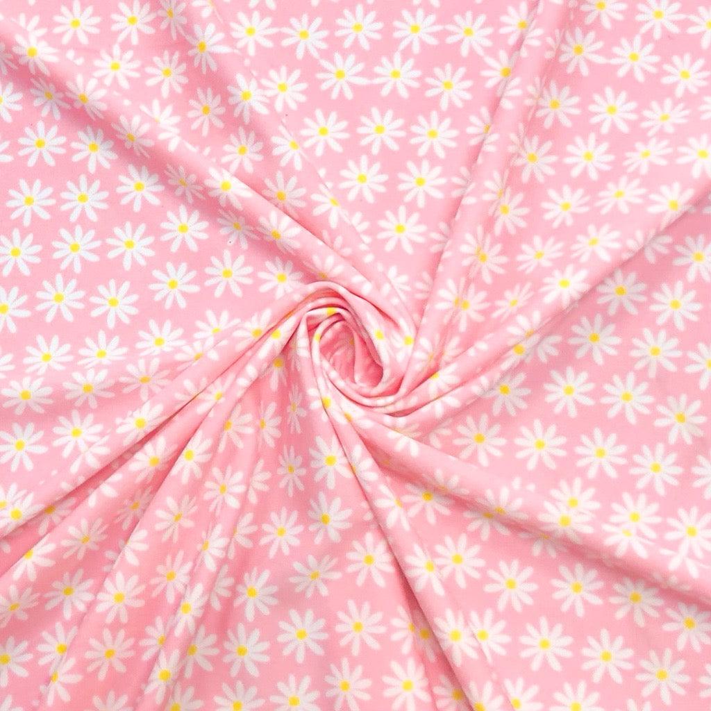 White Daisies on Pink Lycra Spandex - Pound Fabrics