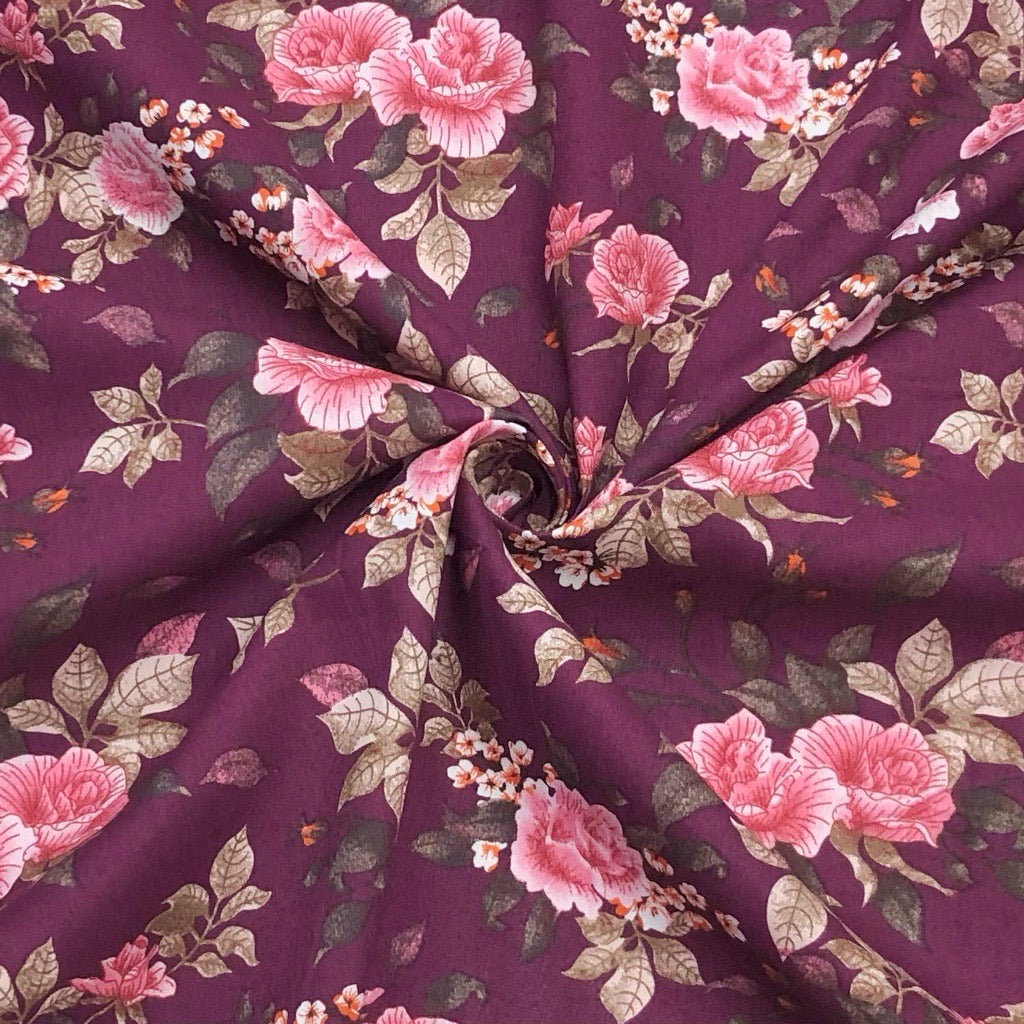 Pink Floral on Plum Cotton Poplin Fabric