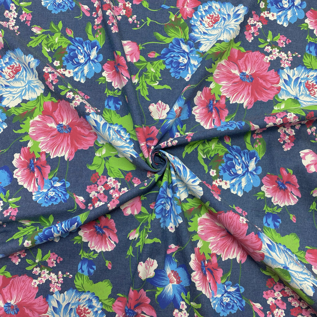 Large Pink &amp; Blue Floral Chambray Denim Fabric