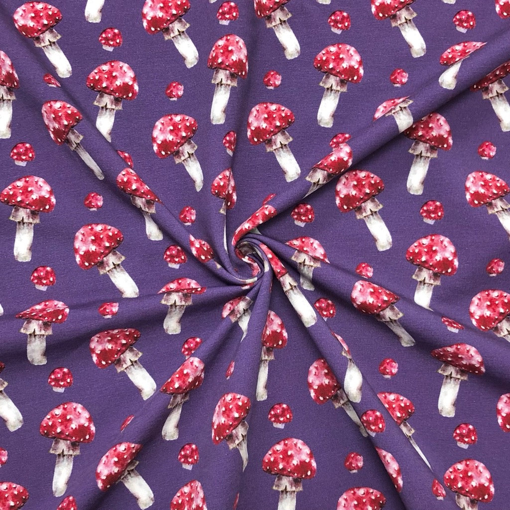 Mushrooms on Purple Digital French Terry Fabric