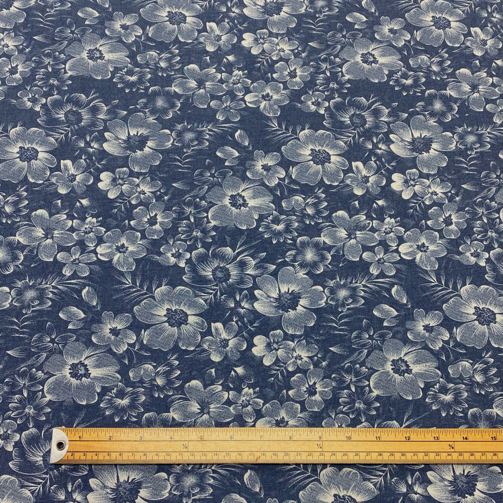 Large and Small Floral Chambray Denim Fabric
