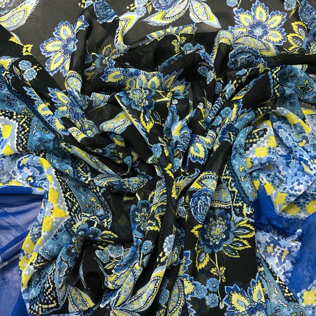 Floral and Zig Zag Double Border Chiffon Fabric