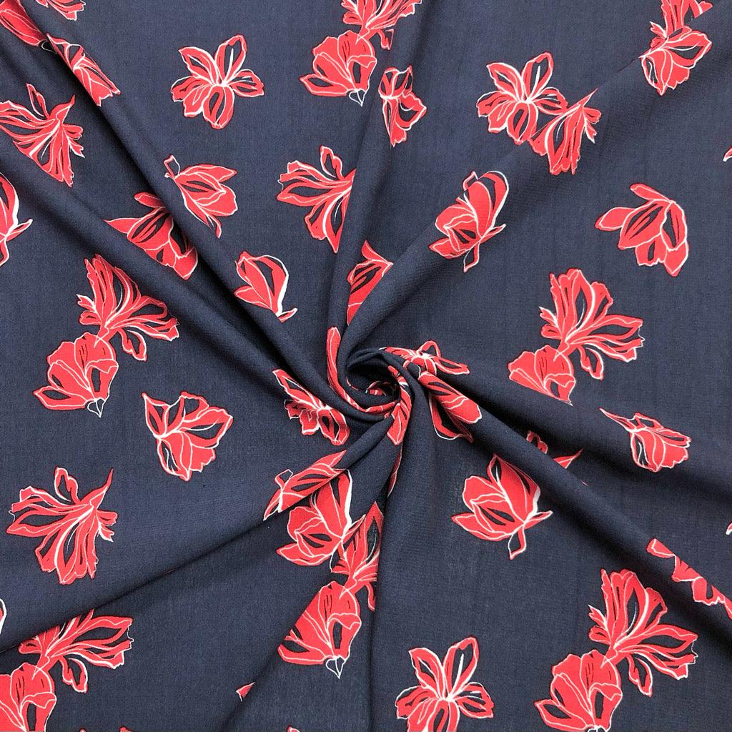 Red Floral on Navy Viscose Challis Fabric - Pound Fabrics